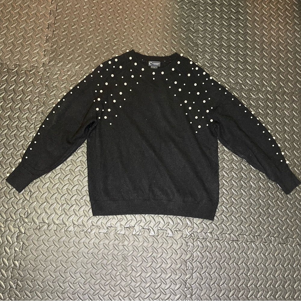 Bloomingdales Cashmere Sweater Pearl Embellished Crew Neck Size Large Black - Picture 2 of 8